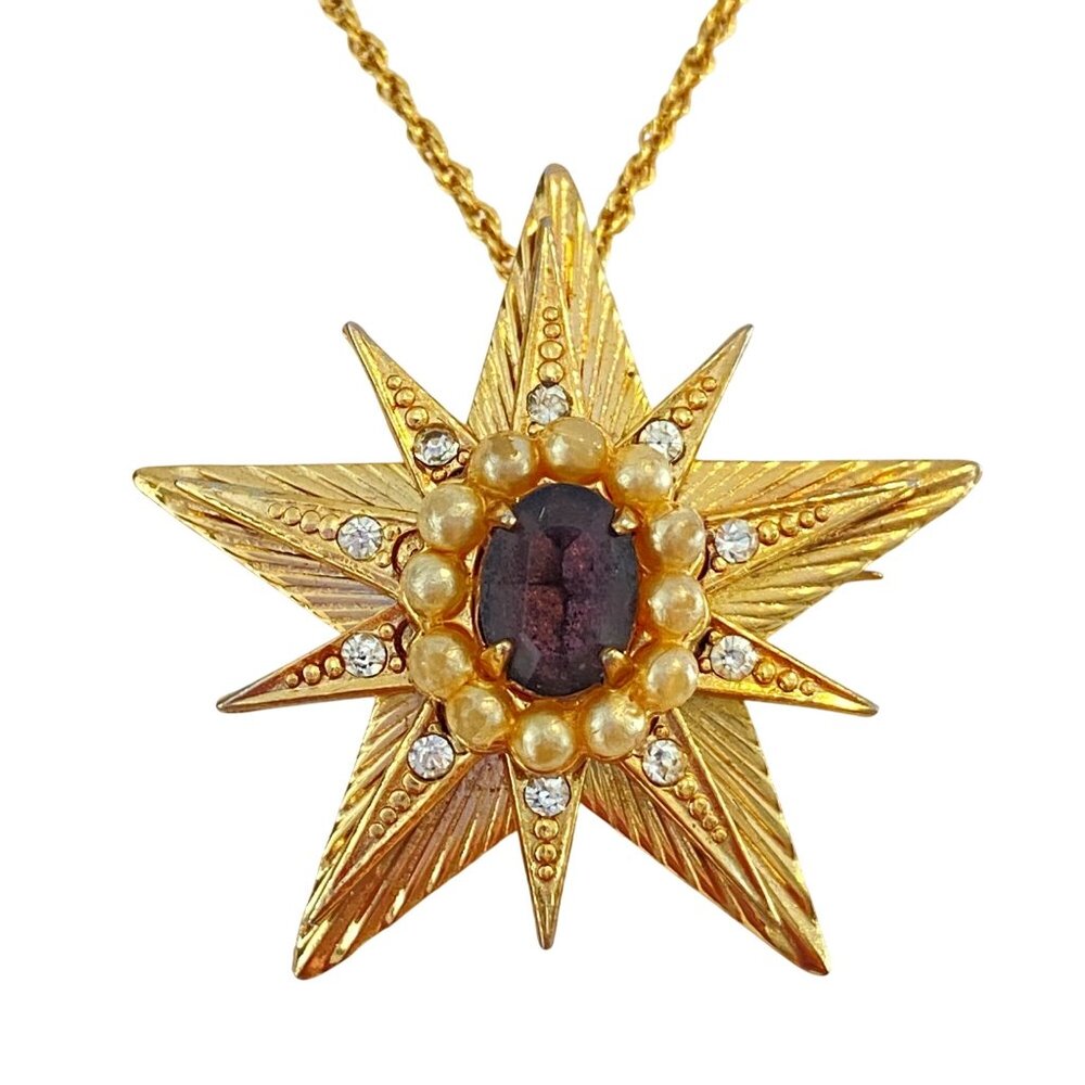 Vintage Coro Gold Star Pendant Necklace With Faux Pearls & Purple Glass Stone